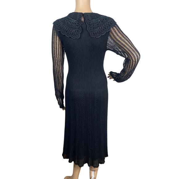Vtg 60s Nina Spain Black Gothic Lolita Crochet Collared Knit Midi Dress SZ M/L - Picture 9 of 11